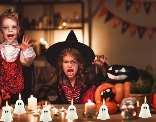 Children in Halloween costumes with decorations.