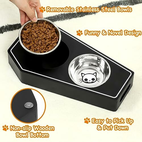 Novel cat food bowl with removable stainless steel bowls and non-slip base.