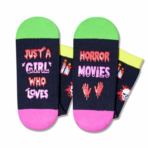 Socks with 'Just a Girl Who Loves Horror Movies' text and spooky graphics.