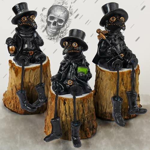 Three plague doctor figurines on wooden stumps with a skull design in the background.