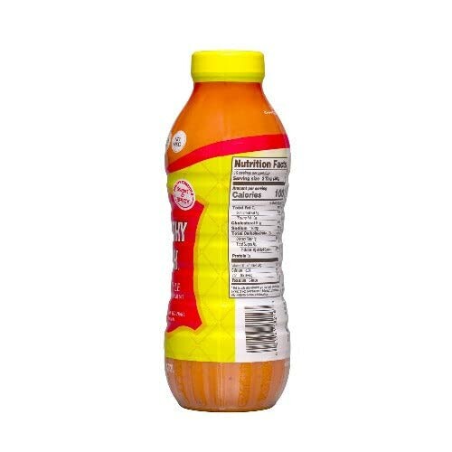 Side view of a Tropicana orange juice bottle with nutrition facts label.