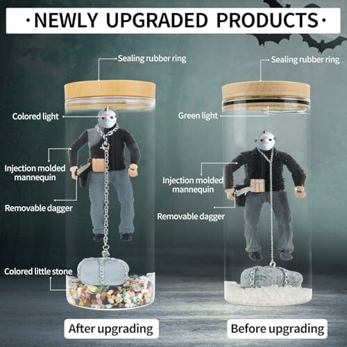 Comparison of a product before and after upgrading, featuring a mannequin in a jar with various enhancements.