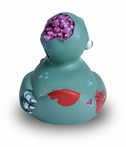 Green zombie rubber duck toy with exposed brain and skeleton details.
